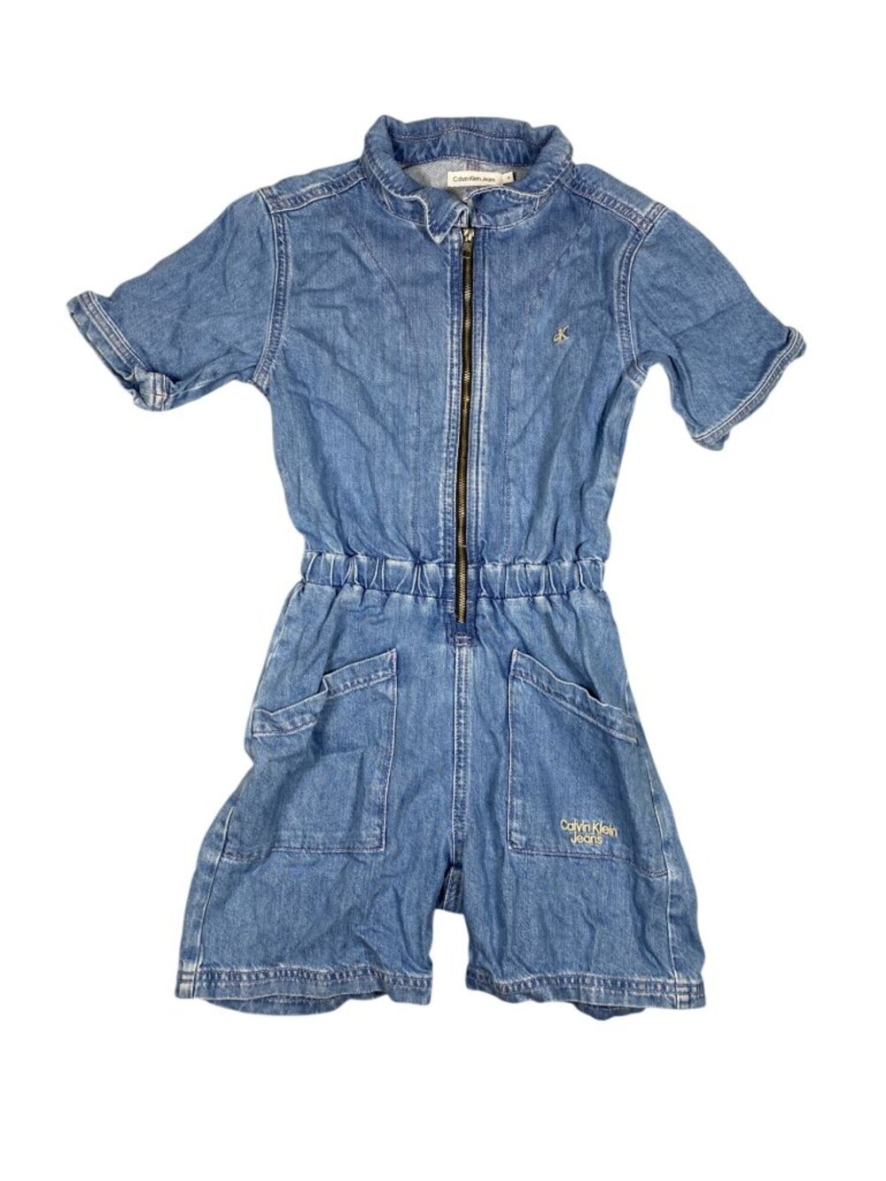Calvin Klein Kids Denim Zip-Up Romper Size 10 With Elastic Waist Pockets Cotton